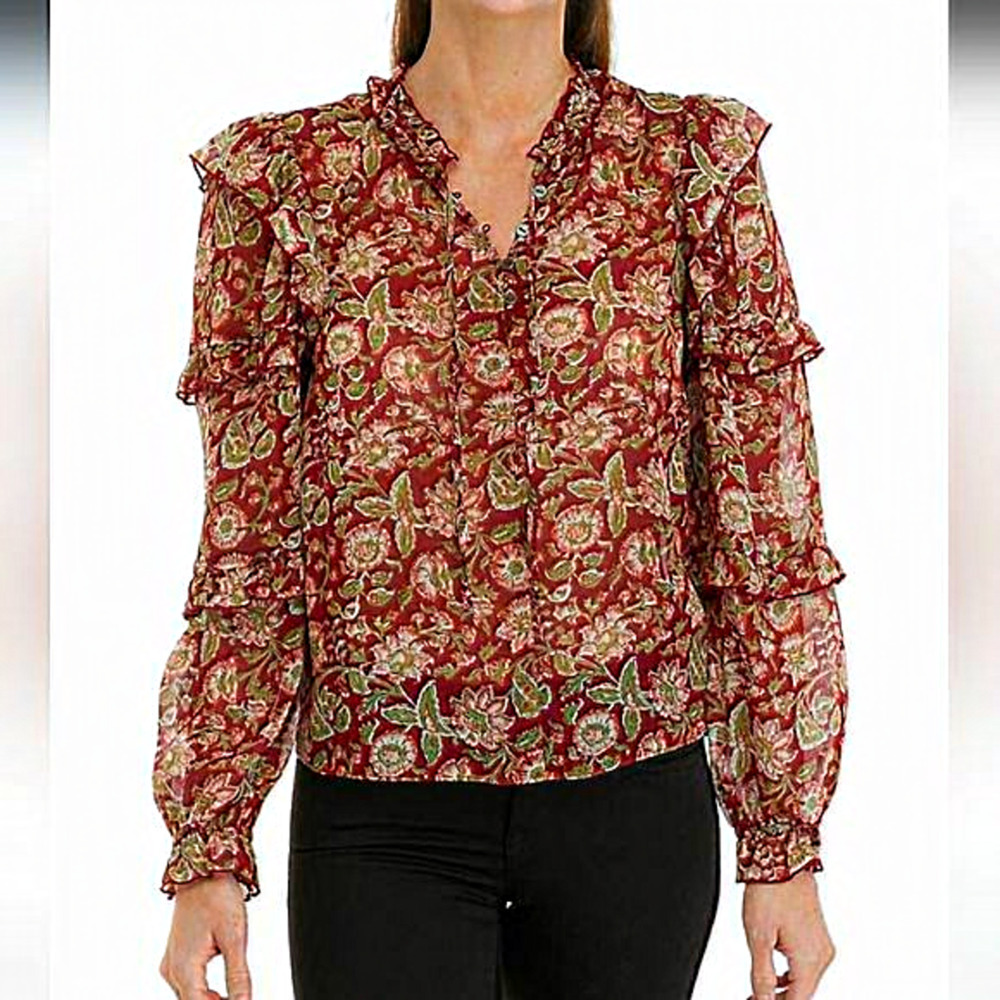 Wonderly Chiffon Ruffled Long Sleeve Peasant Top‎ Blouse XL